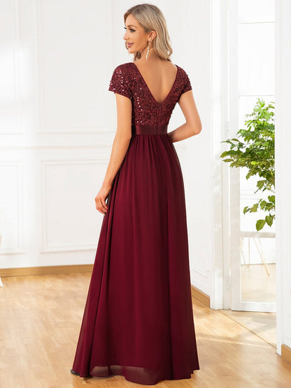 Elegant Deep V-Neck Evening Dress with Short Sleeves