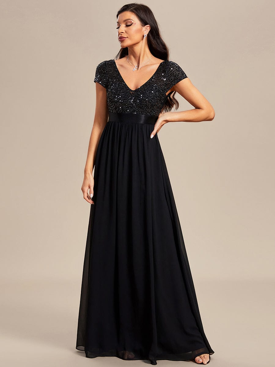 Elegant Deep V-Neck Evening Dress with Short Sleeves