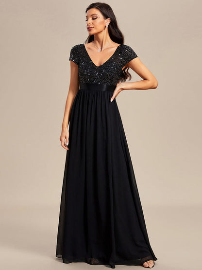 Elegant Deep V-Neck Evening Dress with Short Sleeves
