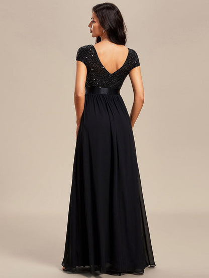 Elegant Deep V-Neck Evening Dress with Short Sleeves