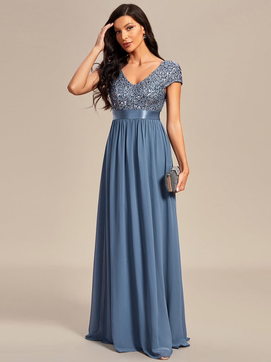 Elegant Deep V-Neck Evening Dress with Short Sleeves