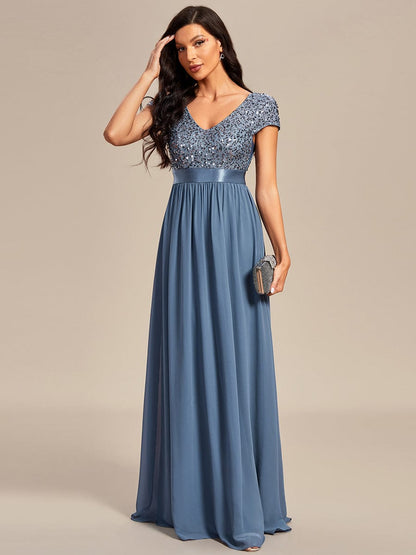Elegant Deep V-Neck Evening Dress with Short Sleeves