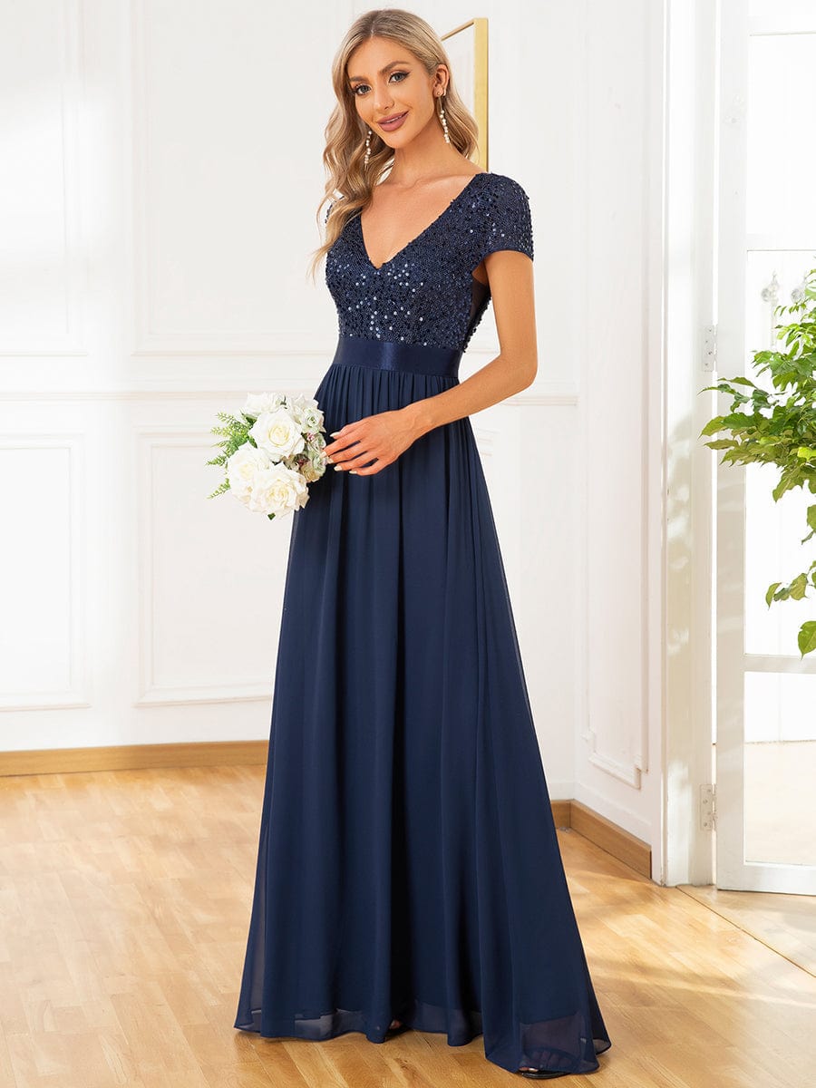 Elegant Deep V-Neck Evening Dress with Short Sleeves