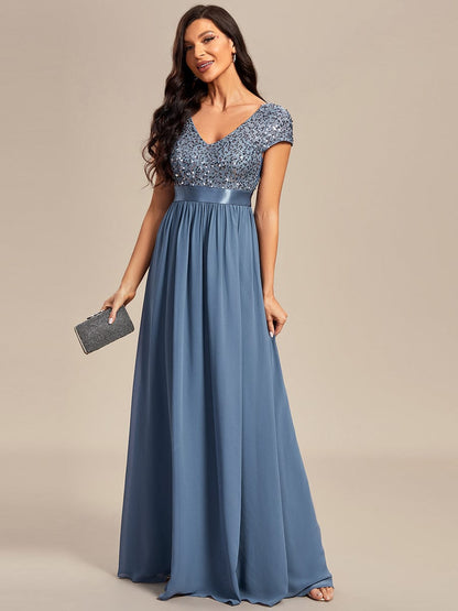 Elegant Deep V-Neck Evening Dress with Short Sleeves