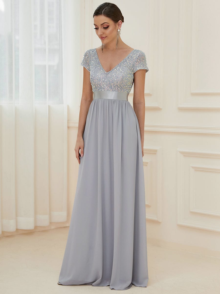 Elegant Deep V-Neck Evening Dress with Short Sleeves