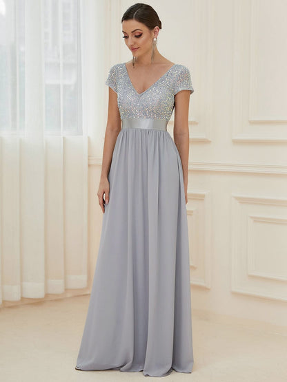 Elegant Deep V-Neck Evening Dress with Short Sleeves