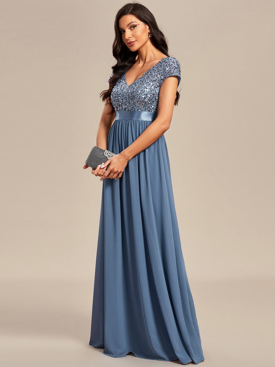 Elegant Deep V-Neck Evening Dress with Short Sleeves