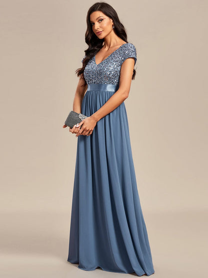 Elegant Deep V-Neck Evening Dress with Short Sleeves