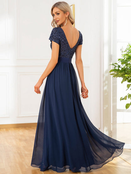 Elegant Deep V-Neck Evening Dress with Short Sleeves