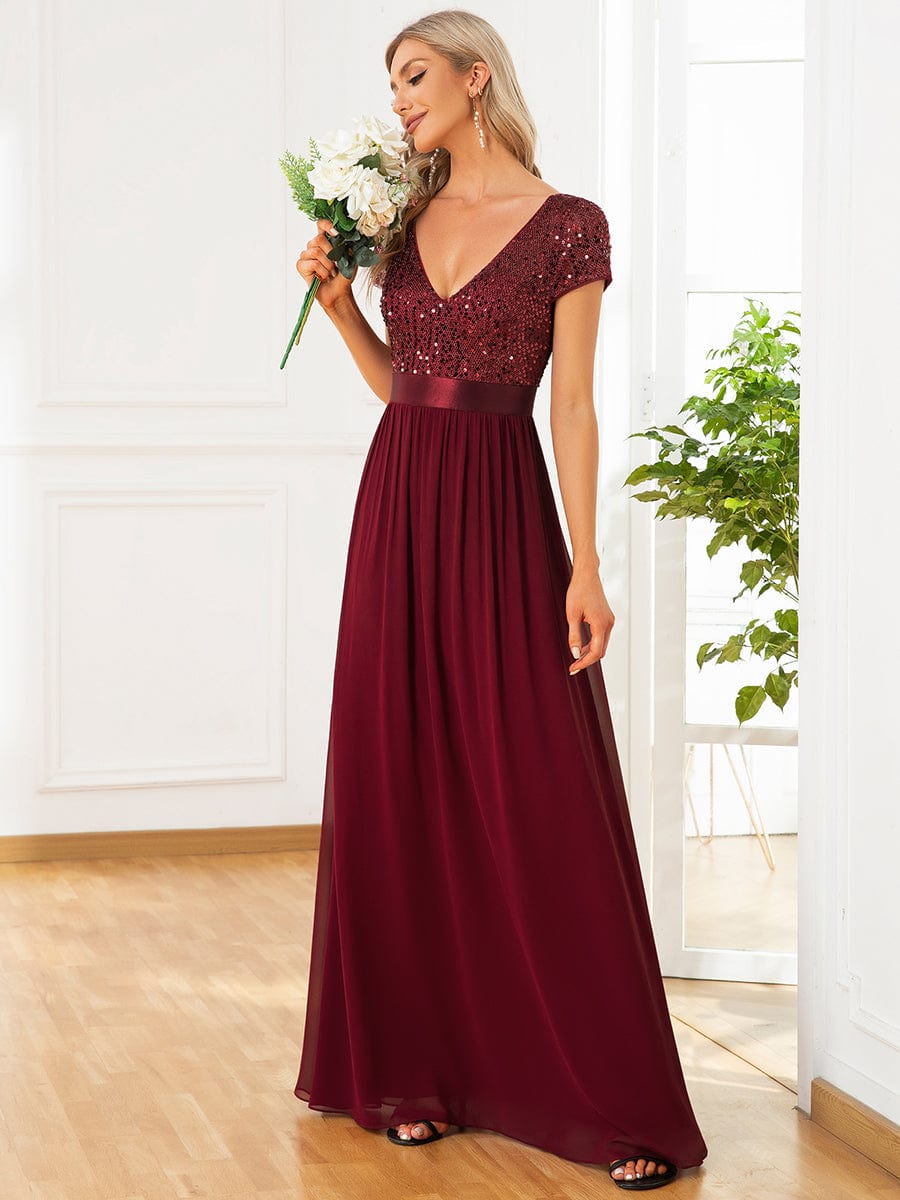 Elegant Deep V-Neck Evening Dress with Short Sleeves