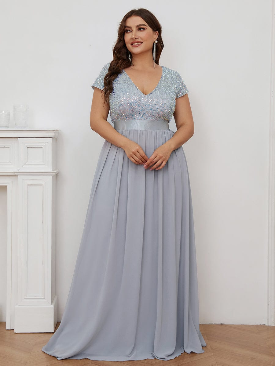 Elegant Deep V-Neck Evening Dress with Short Sleeves
