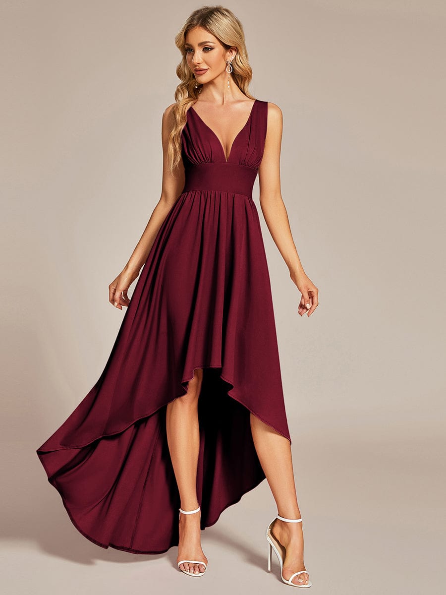 Elegant Deep V-Neck High Low Sleeveless Bridesmaid Gowns