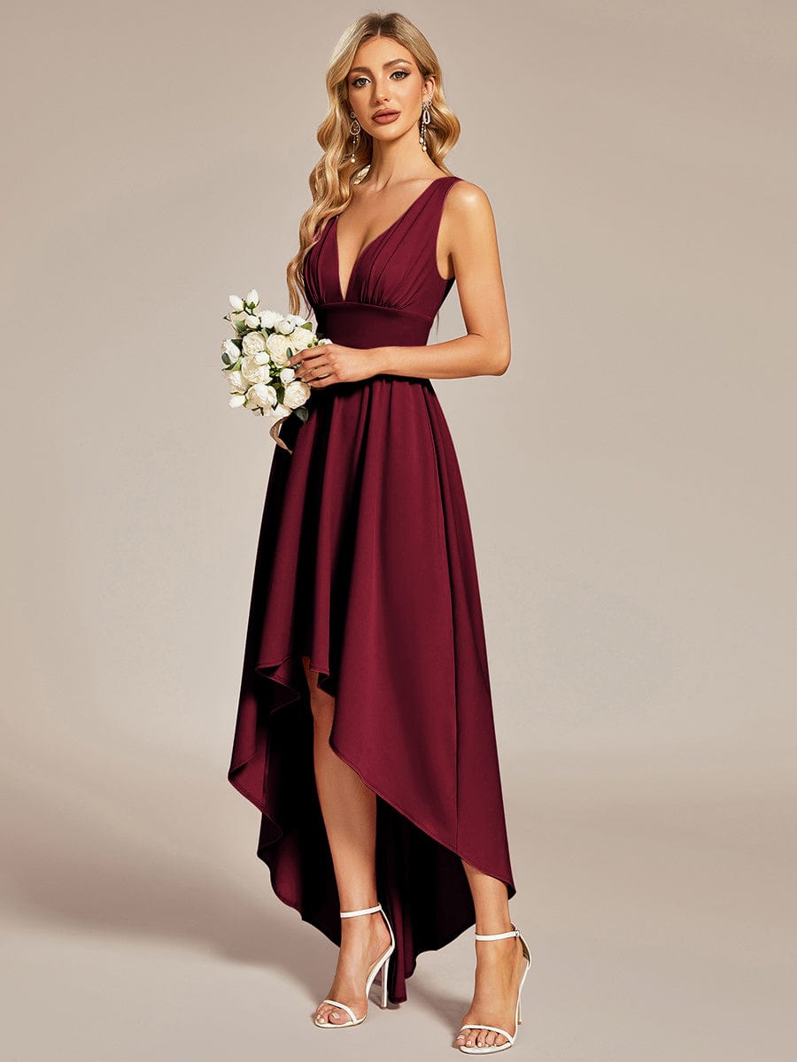 Elegant Deep V-Neck High Low Sleeveless Bridesmaid Gowns