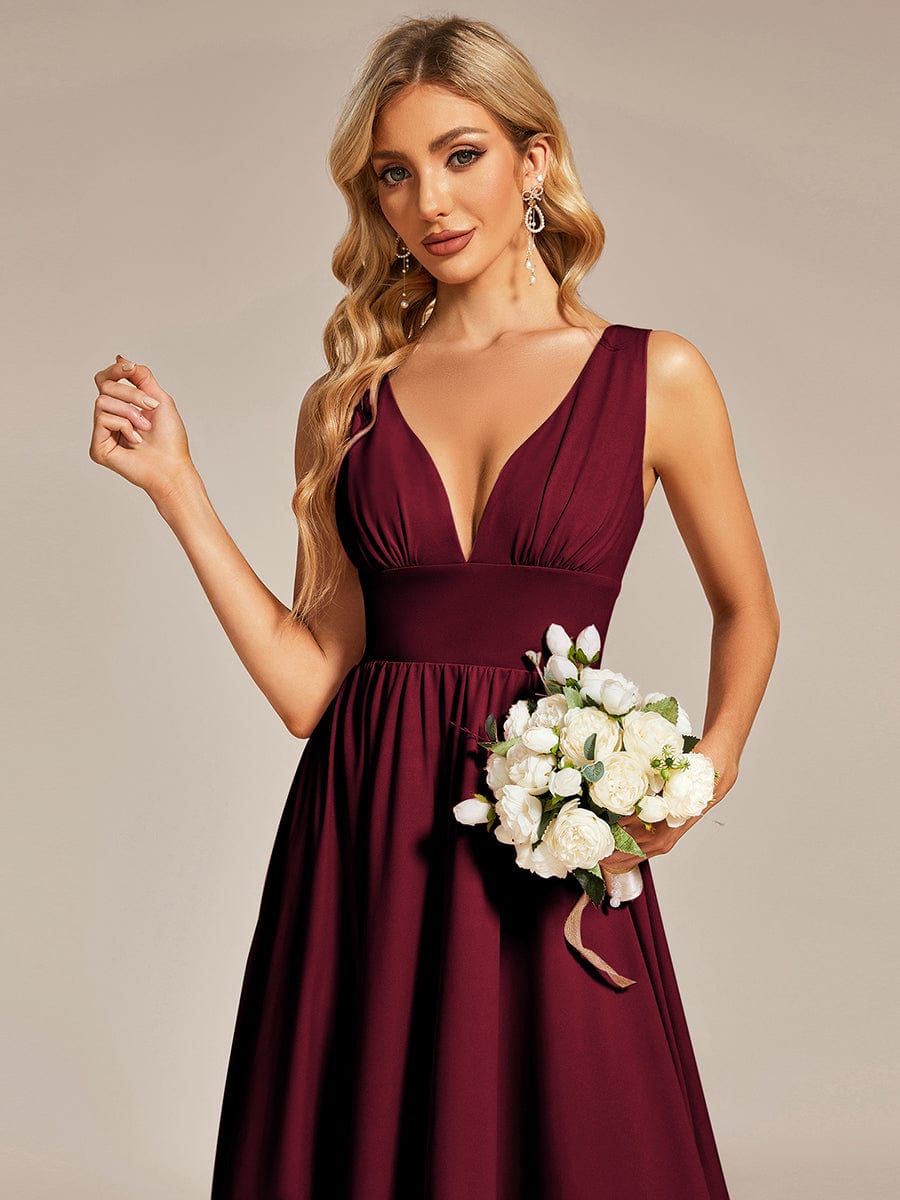 Elegant Deep V-Neck High Low Sleeveless Bridesmaid Gowns