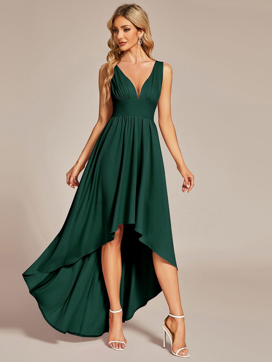 Elegant Deep V-Neck High Low Sleeveless Bridesmaid Gowns