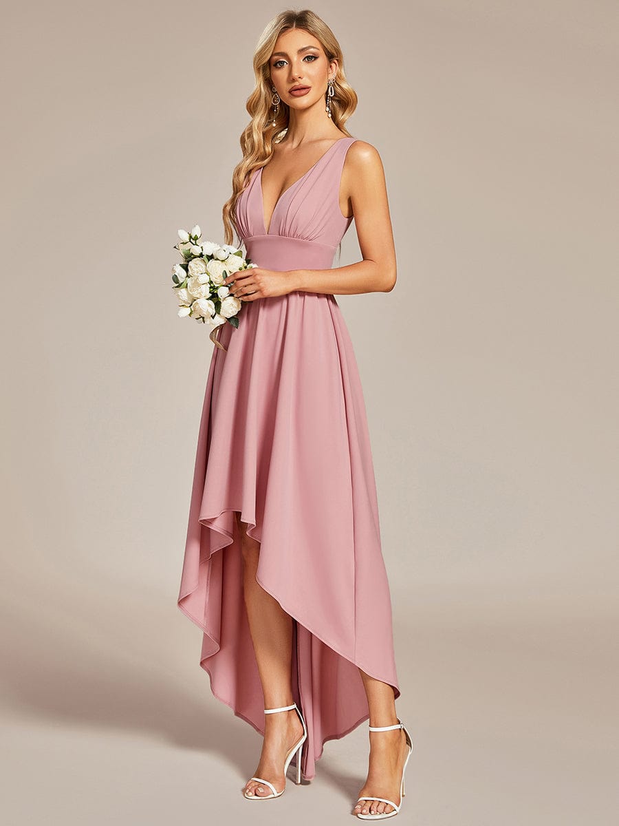 Elegant Deep V-Neck High Low Sleeveless Bridesmaid Gowns