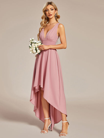 Elegant Deep V-Neck High Low Sleeveless Bridesmaid Gowns