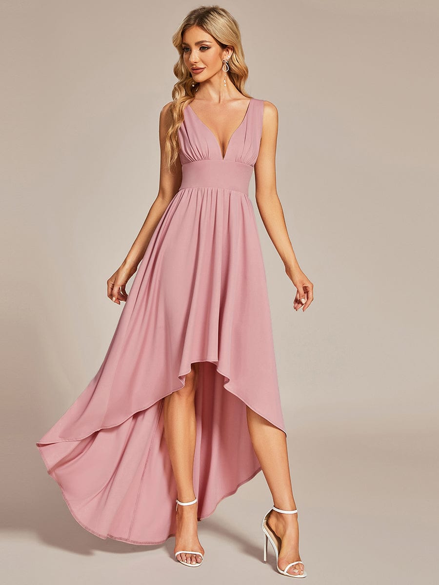 Elegant Deep V-Neck High Low Sleeveless Bridesmaid Gowns