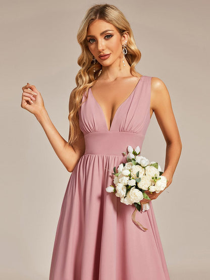 Elegant Deep V-Neck High Low Sleeveless Bridesmaid Gowns