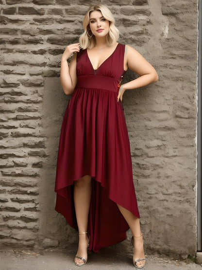 Elegant Deep V-Neck High Low Sleeveless Bridesmaid Gowns