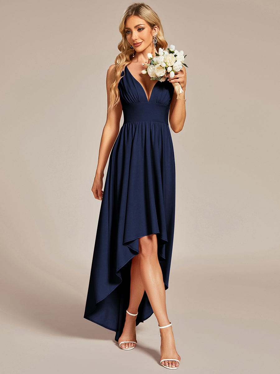 Elegant Deep V-Neck High Low Sleeveless Bridesmaid Gowns