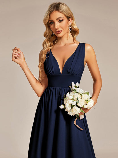 Elegant Deep V-Neck High Low Sleeveless Bridesmaid Gowns