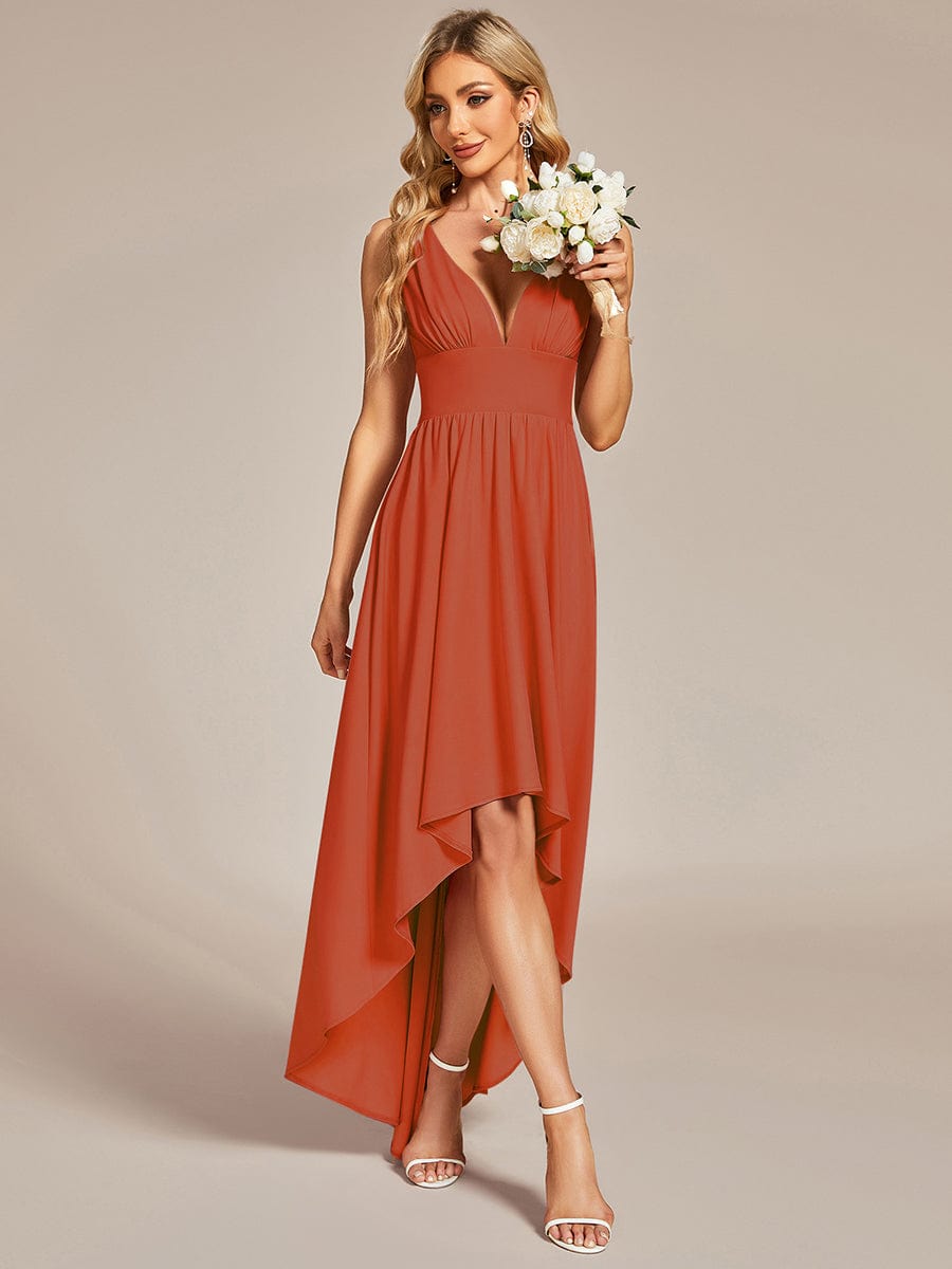 Elegant Deep V-Neck High Low Sleeveless Bridesmaid Gowns
