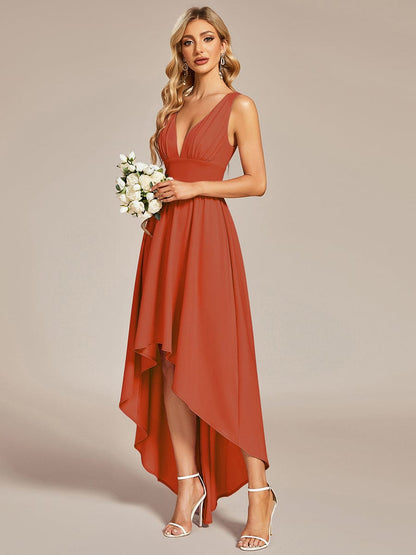 Elegant Deep V-Neck High Low Sleeveless Bridesmaid Gowns