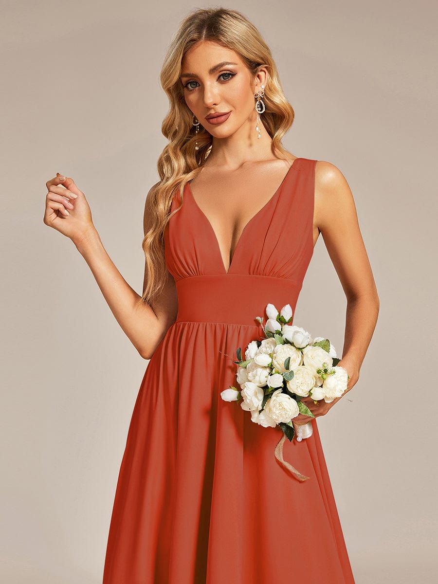 Elegant Deep V-Neck High Low Sleeveless Bridesmaid Gowns