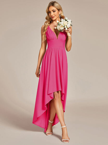 Elegant Deep V-Neck High Low Sleeveless Bridesmaid Gowns