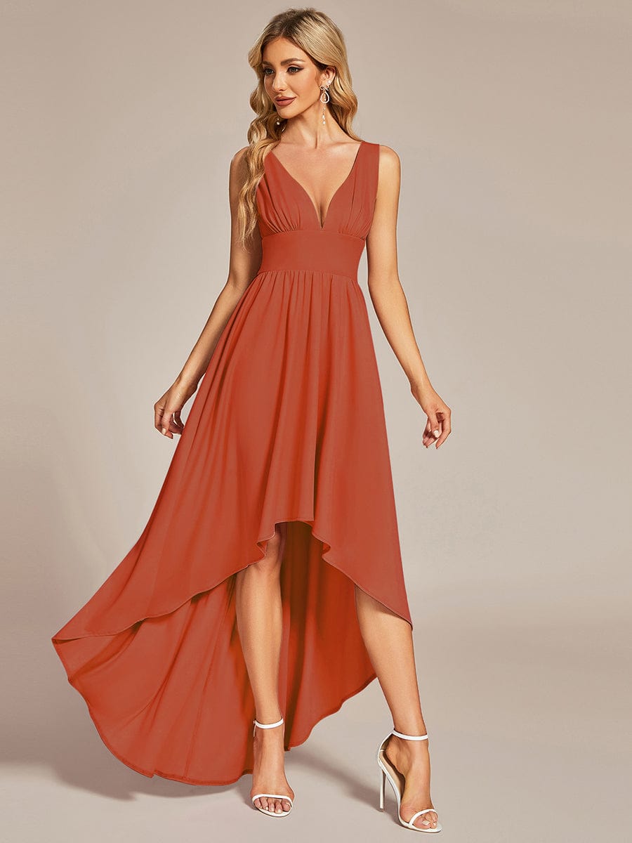 Elegant Deep V-Neck High Low Sleeveless Bridesmaid Gowns