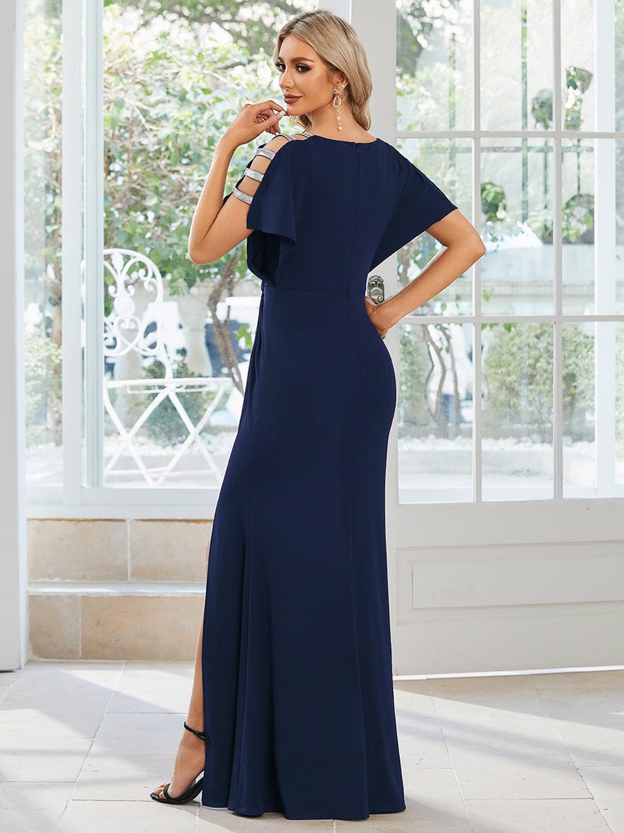 Elegant Deep V-Neck Pleated Evening Gown with High Slit