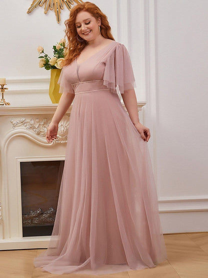 Elegant Deep V Neck Plus Size Tulle Evening Gown