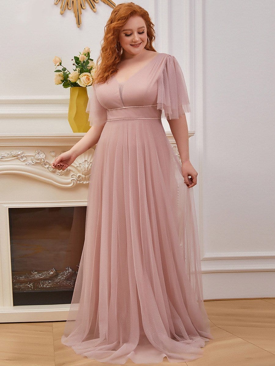 Elegant Deep V Neck Plus Size Tulle Evening Gown