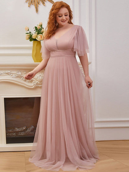 Elegant Deep V Neck Plus Size Tulle Evening Gown