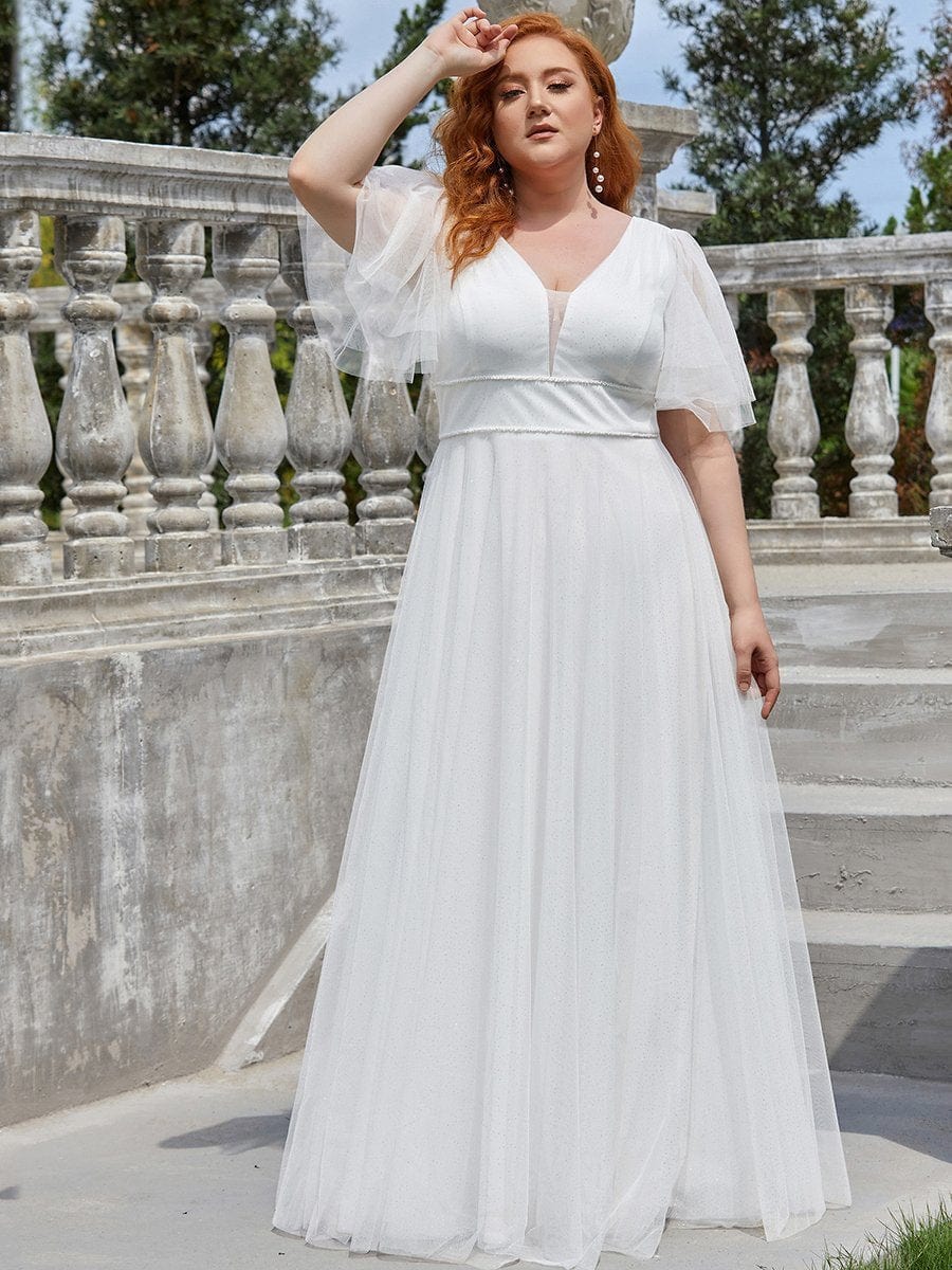 Elegant Deep V Neck Plus Size Tulle Evening Gown