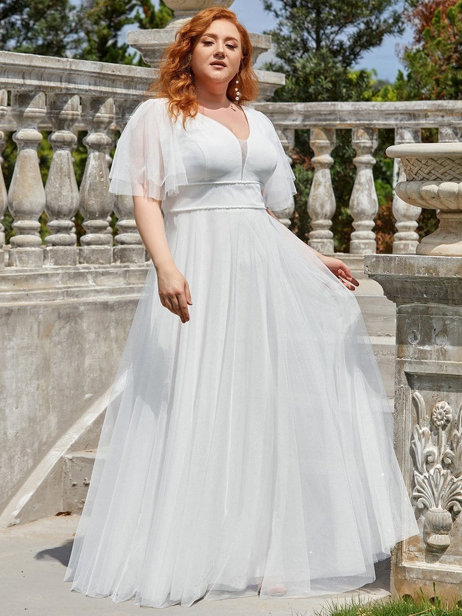 Elegant Deep V Neck Plus Size Tulle Evening Gown