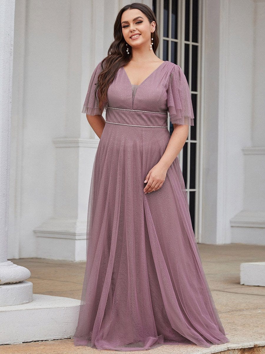 Elegant Deep V Neck Plus Size Tulle Evening Gown