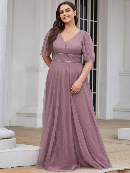 Elegant Deep V Neck Plus Size Tulle Evening Gown