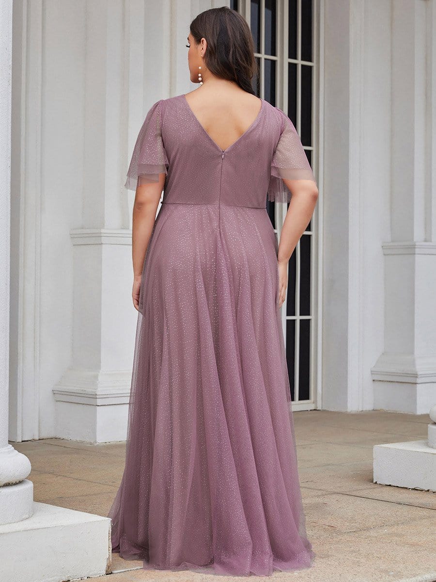 Elegant Deep V Neck Plus Size Tulle Evening Gown