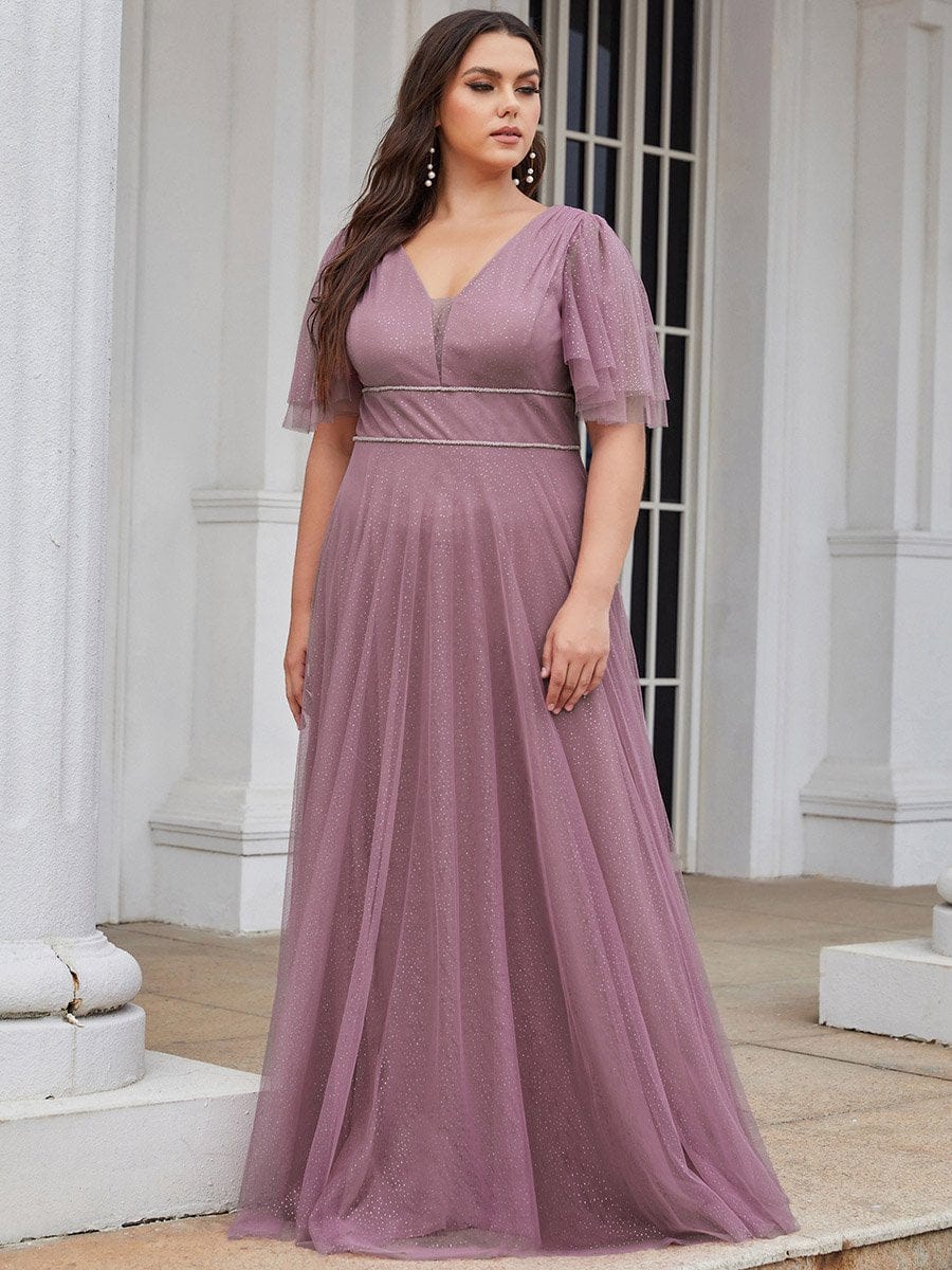 Elegant Deep V Neck Plus Size Tulle Evening Gown