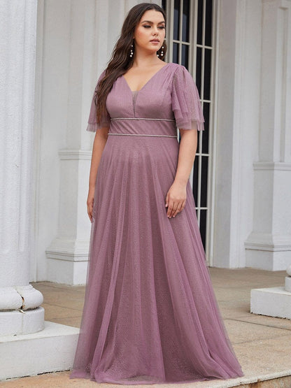 Elegant Deep V Neck Plus Size Tulle Evening Gown