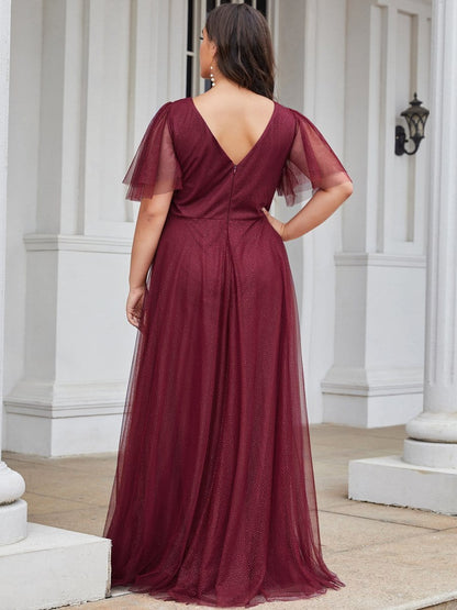 Elegant Deep V Neck Plus Size Tulle Evening Gown