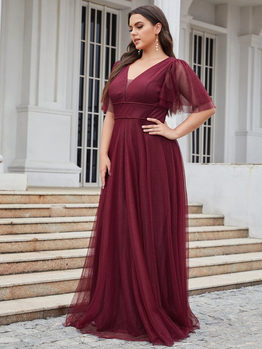 Elegant Deep V Neck Plus Size Tulle Evening Gown