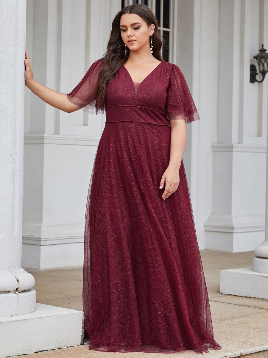Elegant Deep V Neck Plus Size Tulle Evening Gown