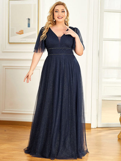 Elegant Deep V Neck Plus Size Tulle Evening Gown