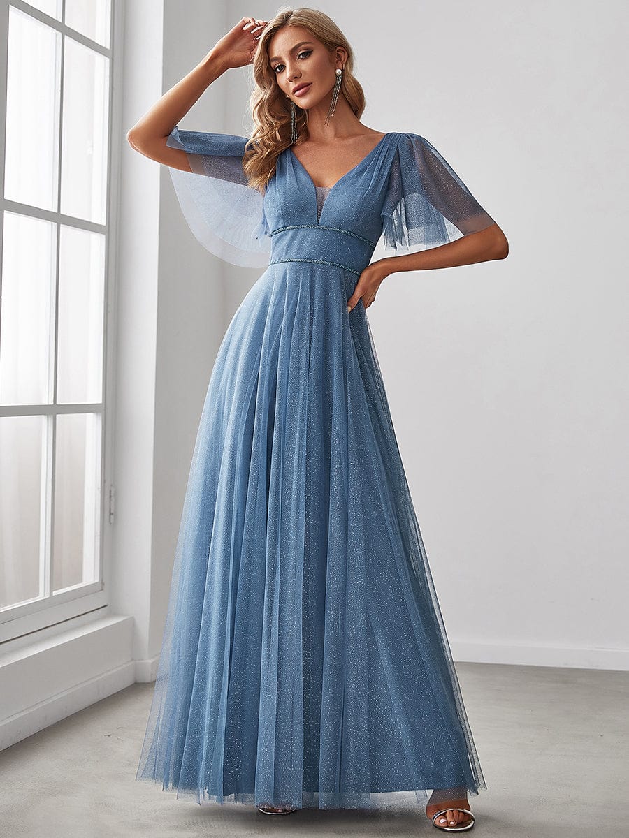 Elegant Deep V Neck Plus Size Tulle Evening Gown