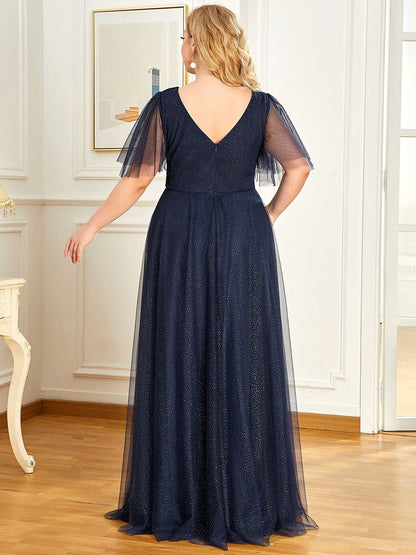 Elegant Deep V Neck Plus Size Tulle Evening Gown