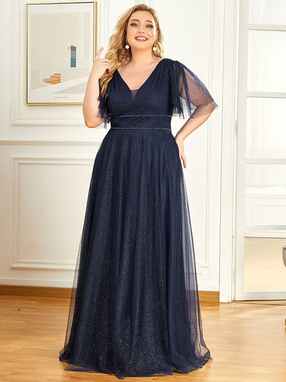 Elegant Deep V Neck Plus Size Tulle Evening Gown