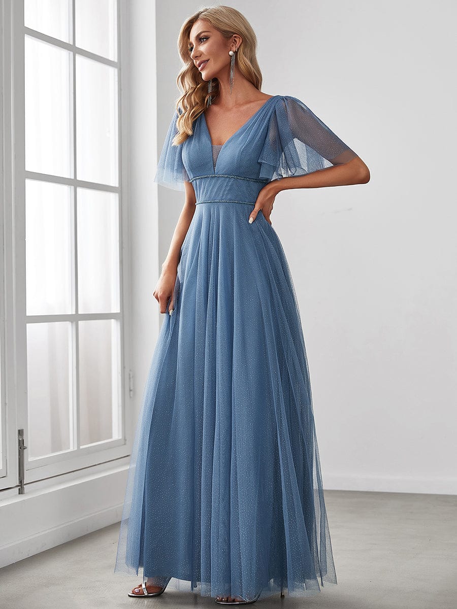 Elegant Deep V Neck Plus Size Tulle Evening Gown